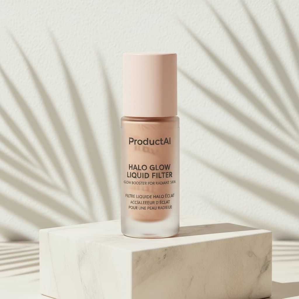 The image shows a close-up studio shot of ProductAI skincare product, positioned on a light-colored marble block against a bright background. The cosmetic bottle features a clear label with the "ProductAI" logo at the top, followed by, "HALO GLOW LIQUID FILTER" and "GLOW BOOSTER FOR RADIANT SKIN." The label also has the same text in French. The bottle has a pale pink cap. Shadows of palm leaves are cast on the background.