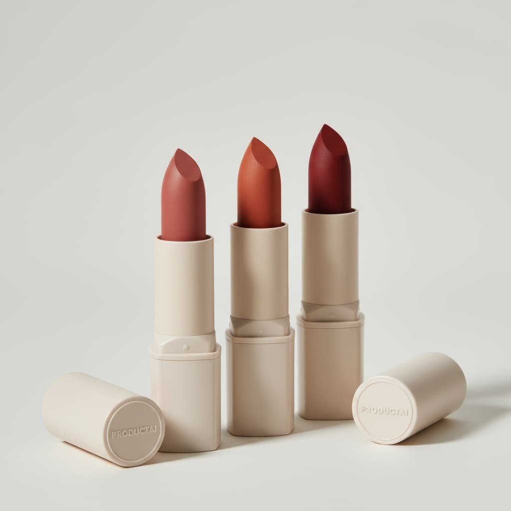A studio close-up showcases three lipstick tubes against a light gray background. The open tubes display velvety, matte lipsticks in dusty rose, terracotta-orange, and deep red shades. The smooth, off-white tubes are arranged diagonally. In the upper right, a matching cap has "ProductAI" embossed in a circle. Soft, even lighting highlights the rich colors and textures, creating a clean, modern aesthetic.