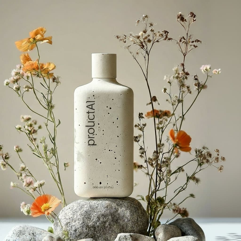 A still life product shot features an off-white, speckled bottle centered on a large grey stone. The bottle has the text "ProductAI". It's surrounded by smaller rocks and framed by delicate wildflowers, including orange poppies and dried botanicals. The scene has an earthy color palette and is lit by soft, natural light against a neutral beige background, creating a serene, minimalist aesthetic.