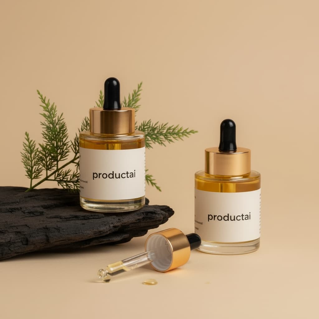 This is a warm-toned studio shot of two cosmetic bottles. The small, clear glass bottles are filled with golden oil and have black droppers with gold caps. One bottle is elevated on a piece of rough, dark wood, with a feathery green plant sprig behind it. Another bottle sits to the right, and an open dropper rests in the foreground. The bottles have a white "ProductAI" label. The overall composition is balanced, with soft lighting creating a natural, serene feel against a plain beige background.