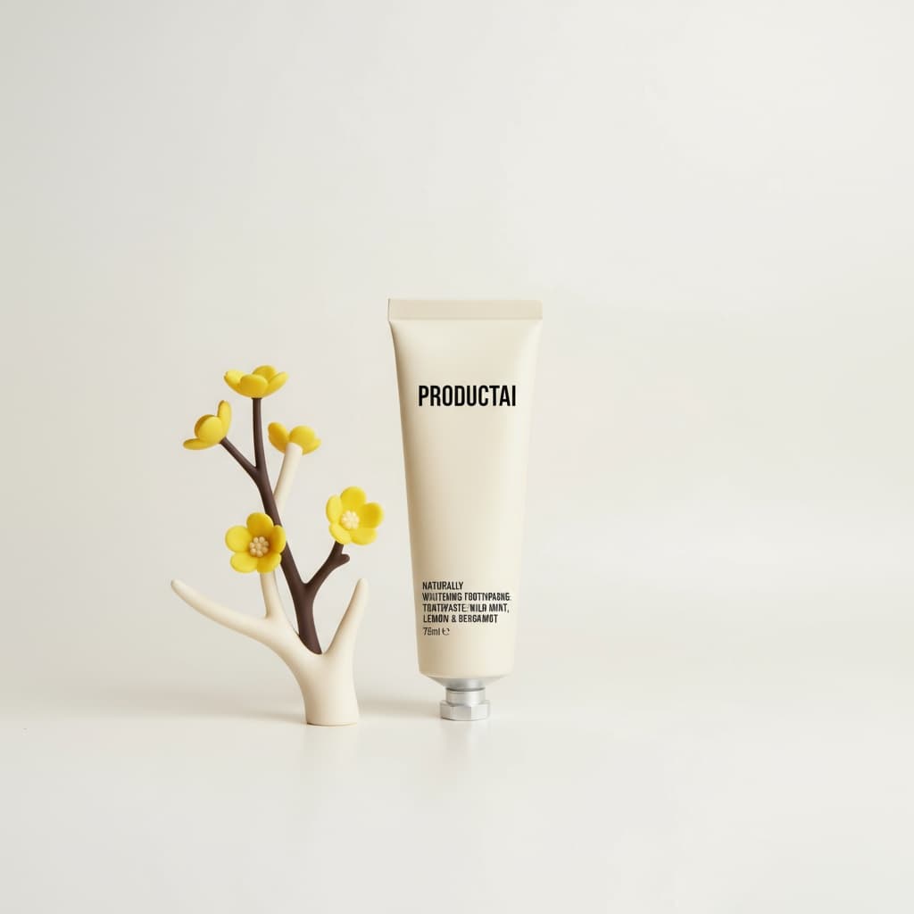 The image features a tube of toothpaste, prominently displayed on a beige-colored tray or stand. The tube itself is an off-white color with silver caps on either end and is adorned with the word "PRODUCTAI" in black text on the front. Below the brand name, two lines of smaller black text read: "NATURALLY WHITENING TOOTHPASTE: WILD MINT, LEMON & BERGAMOT" and "75ml e".
To the left of the tube is an artificial plant component, likely a silicone design, which appears off-white and features a new-styled branch in dark brown. Yellow flowers growing from the branch add a touch of color to the image. The background is a plain beige, similar in color to the tray, which creates a clean and minimalist aesthetic.