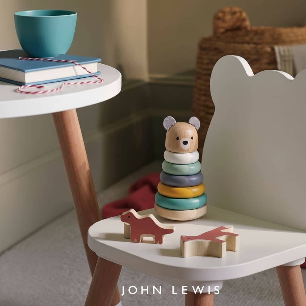 The image shows a wooden toy stacking set in the shape of a bear, with a stack of five rings inside,. The end of a stackable wooden toy bear and stack of colorful concentric wooden rings. They are mostly sitting on a white side table with wooden legs alongside a red wooden animal and a small wooden shaped animal. A nearby chair with a white back and wooden legs has a bit of red regarding it, possibly a blanket or something else is partially visible behind the stacking toy.
A stack of books is on the left side table's edge in the foreground, a teal-colored bowl sits on top of the books, and what appears to be a candy cane is on top of the books. The book lies upright as if propped up by the stacked toys.
Four of the toys are sitting on a wooden side table or chair. One red toy sits in front with a shape like a dinosaur, and two shapes rest in the shape of the animals behind them. They are a bear shaped toy that can be stacked separate. The overall scene suggests that it is intended for children's developmental or educational uses. The look of expense appearance has been achieved with quality materials and attention-to-detail. It has a simple, clean design, with a focus on natural materials, pastel colors and a minimalist aesthetic. The toys are made of wood and are stacked together to form a tower. The background is a light-colored wall with a dark-colored baseboard. Overall, the image appears to be a product photo for a brand of kids toys and furniture.