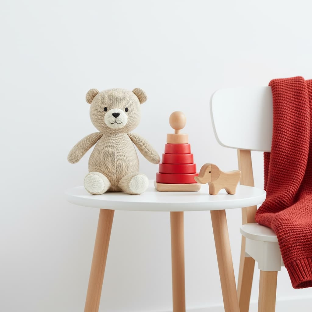 The image shows toy sitting on a white side table with wooden legs alongside a red wooden animal and a small wooden shaped animal. A nearby chair with a white back and wooden legs has a bit of red regarding it, possibly a blanket or something else is partially visible behind the stacking toy.