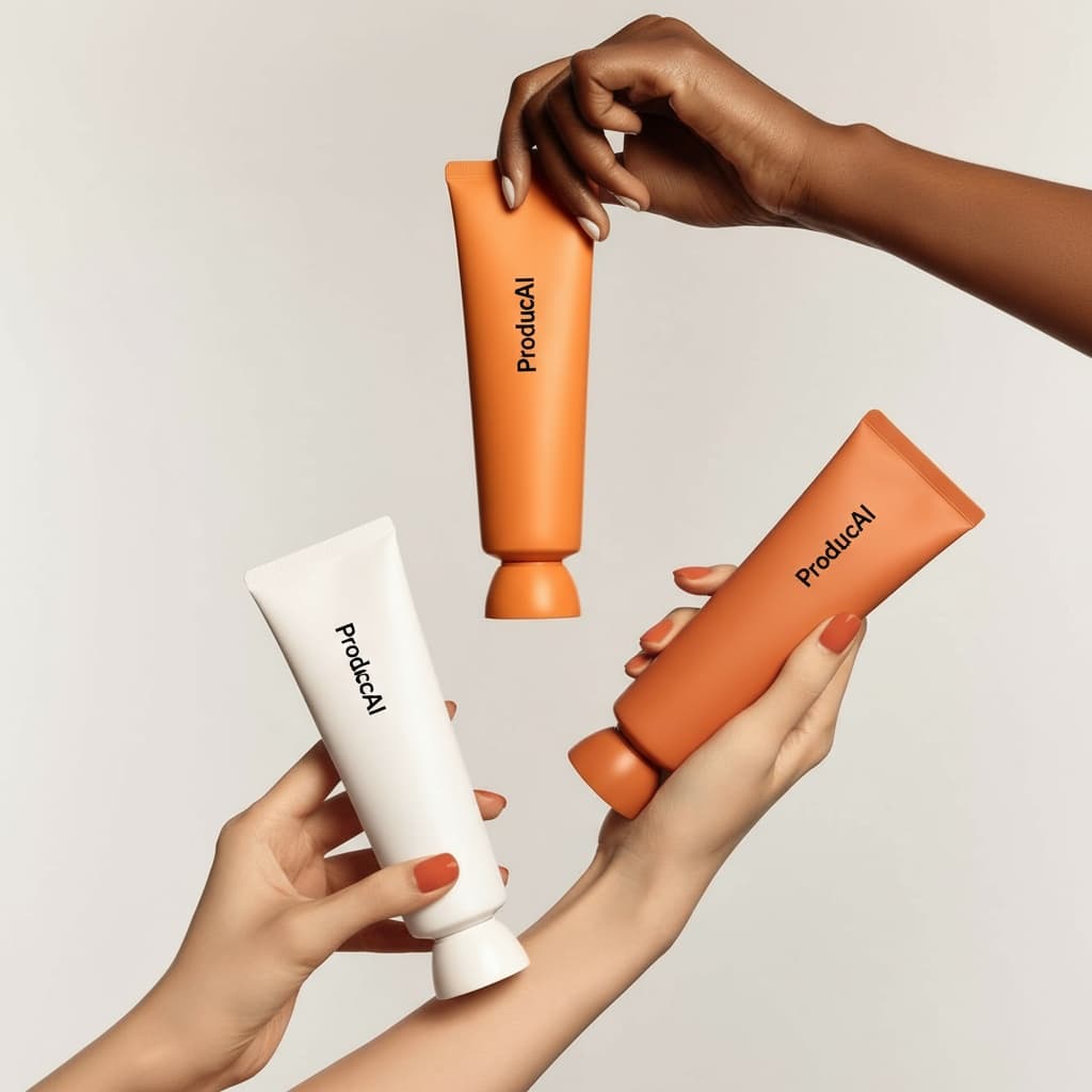 This is a minimalist studio shot of three skincare tubes against a light-gray background, each held by a different hand. At the top, a dark-skinned hand with white nails holds a bright orange tube. Below and to the left, a light-skinned hand with orange nails holds a white tube. To the right, another light-skinned hand, also with orange nails, holds a terracotta-orange tube. All tubes have a matte finish and feature the label "ProductAI". The lighting is bright and even, creating a clean, modern aesthetic.