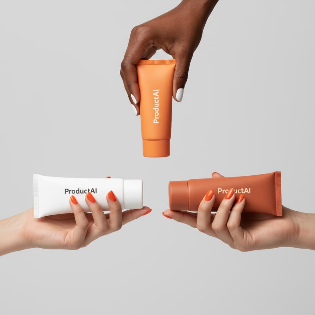 This is a minimalist studio shot of three skincare tubes against a light-gray background, each held by a different hand. At the top, a dark-skinned hand with white nails holds a bright orange tube. Below and to the left, a light-skinned hand with orange nails holds a white tube. To the right, another light-skinned hand, also with orange nails, holds a terracotta-orange tube. All tubes have a matte finish and feature the label "ProductAI". The lighting is bright and even, creating a clean, modern aesthetic.