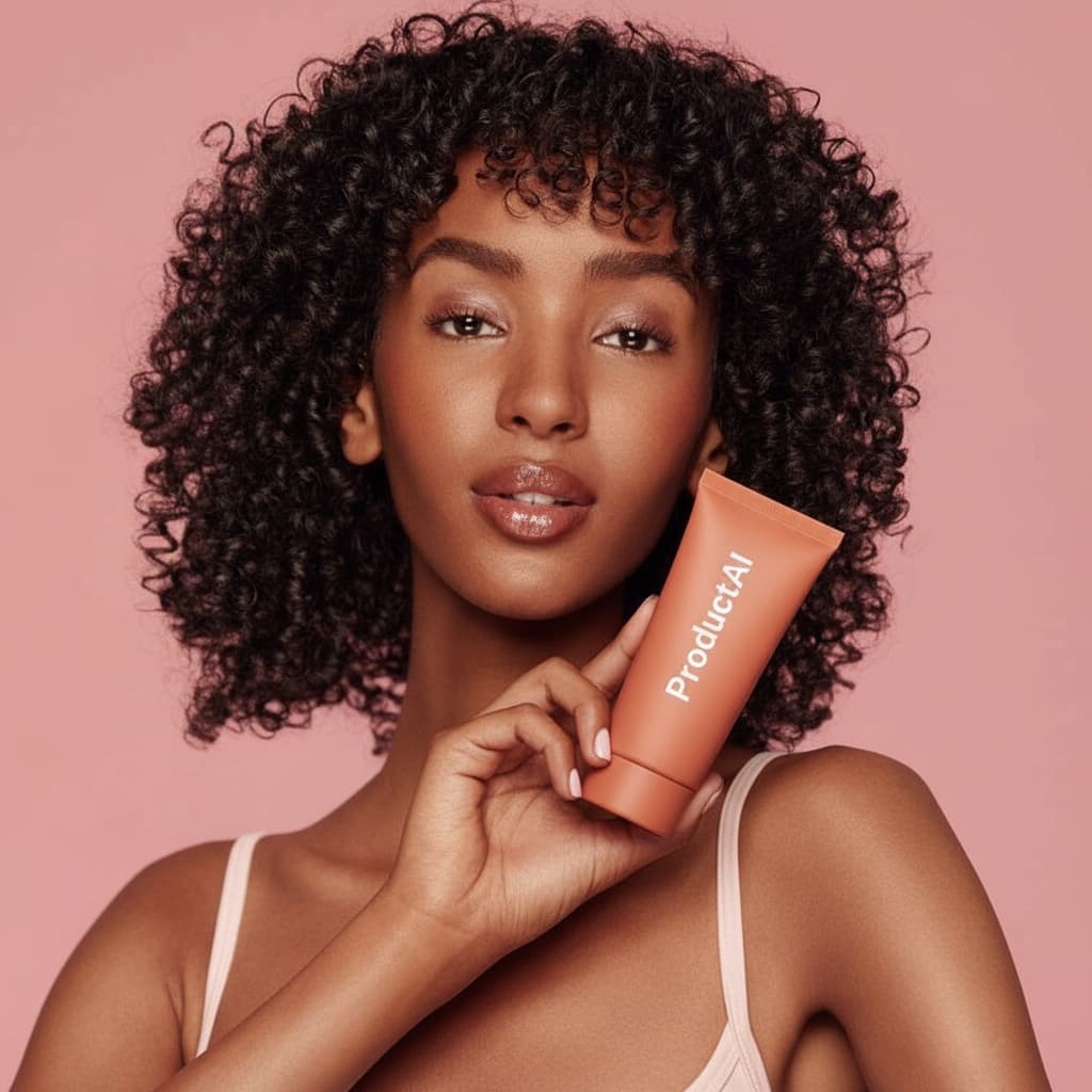 This is a minimalist studio shot of three skincare tubes against a light-gray background, each held by a different hand. At the top, a dark-skinned hand with white nails holds a bright orange tube. Below and to the left, a light-skinned hand with orange nails holds a white tube. To the right, another light-skinned hand, also with orange nails, holds a terracotta-orange tube. All tubes have a matte finish and feature the label "ProductAI". The lighting is bright and even, creating a clean, modern aesthetic.
