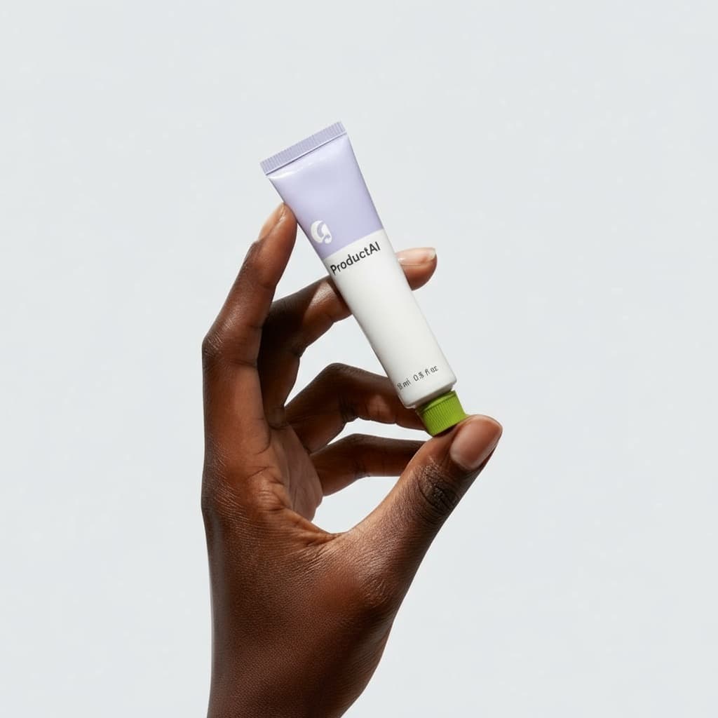 A close-up shot of a hand with dark skin holding a small tube of lip balm against a plain, light gray background. The hand angles up from the bottom left, its fingers and thumb gently gripping the tube. The product tube is white at the bottom, fading to a soft lavender at the crimped top, and is sealed with a vibrant lime-green cap. On the label, it says "ProductAI". The lighting is bright and even, highlighting the textures of both the skin and the matte plastic tube.