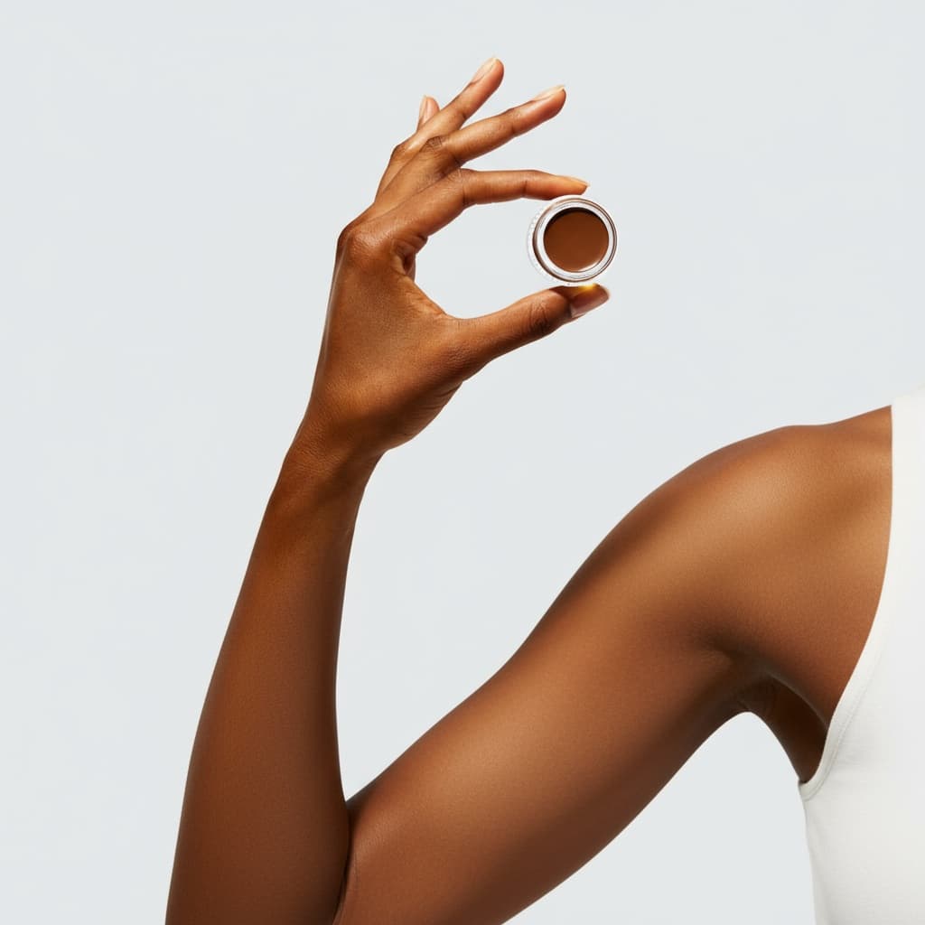 The image depicts a hand grasping a small container of liquid concealer.
The hand is positioned in the center-left of the image, with the thumb and pinky finger raised while the other fingers are flat on the back of the hand. The hand appears to be dark brown-skinned, and the fingernails are filed to a natural, unpolished length.
The circular container, which is transparent with a clear, textured rim, is filled with a light brown liquid concealer. A white border adorns the bottom edge of the product label on the container. Against a white background, the image is cropped from a full body view so that only the hand and a small portion of the top of the elbow are visible to the camera. The mood is optimistic and sensual.