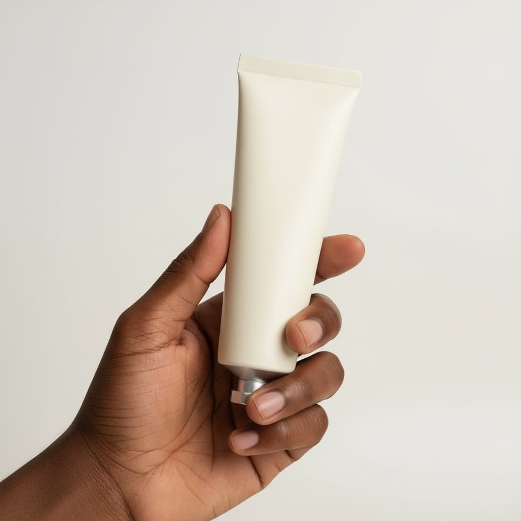 A close-up shot of a hand with dark skin holding a product a plain, light gray background. The hand angles up from the bottom left, its fingers and thumb gently gripping the tube. The lighting is bright and even, highlighting the textures of both the skin and the matte plastic tube.