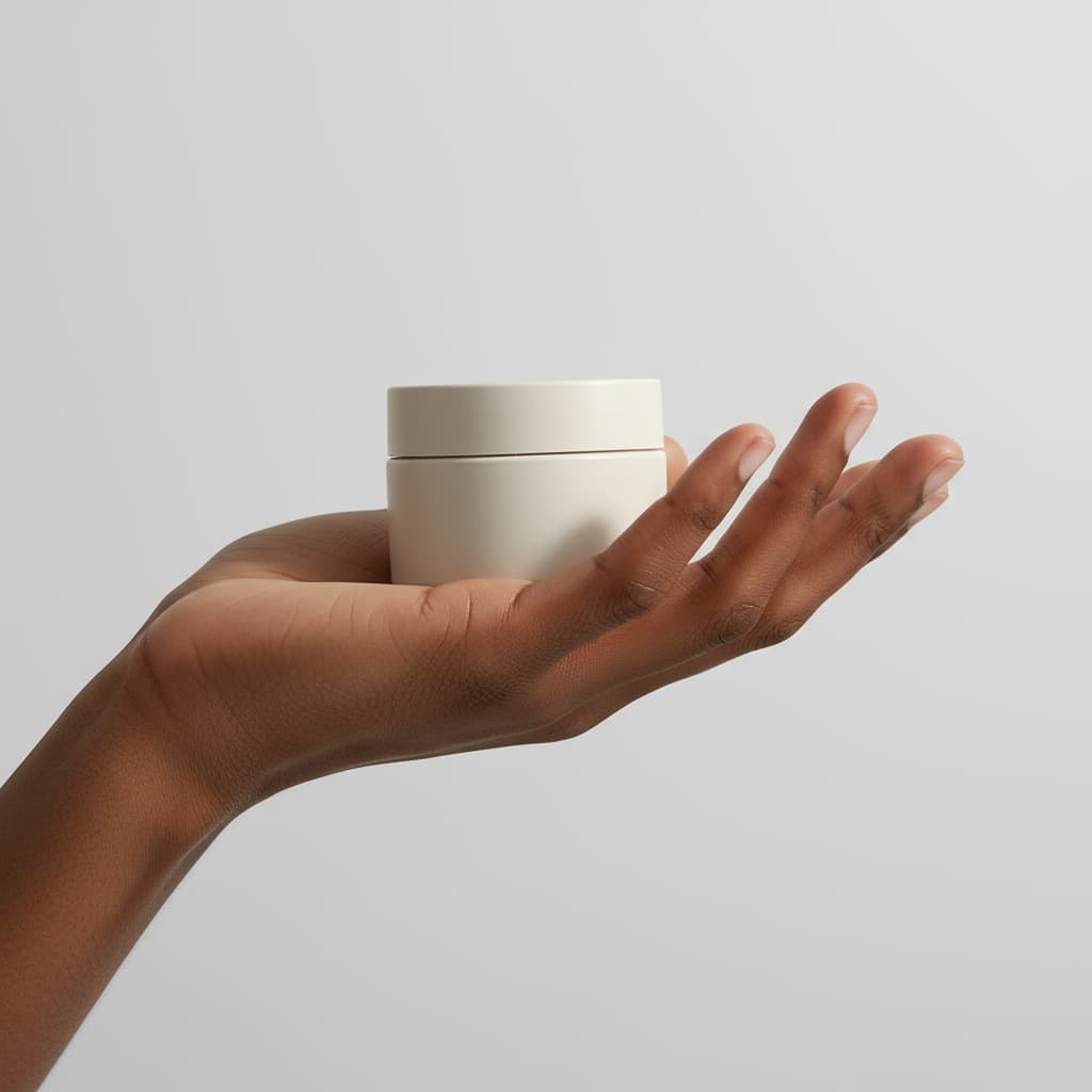 A close-up shot of a hand with dark skin holding a small jar against a plain, light gray background. The hand angles up from the bottom left, its fingers and thumb gently gripping the tube. The product tube is white at the bottom, fading to a soft lavender at the crimped top, and is sealed with a vibrant lime-green cap. On the label, it says "ProductAI". The lighting is bright and even, highlighting the textures of both the skin and the matte plastic tube.