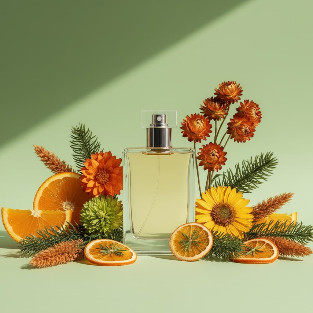 The image showcases a perfume bottle surrounded by flowers, oranges, and other decorations. The perfume is displayed in an elegant silver and clear glass spray bottle, with the clear glass bottle filled with a translucent yellow liquid that catches the light. Easily visible brands or logos are absent from this image. The glass bottle sits amongst what appears to be sliced oranges on one side, and a collection of dried, brownish-orange flowers on the other. Covering the majority of the scene, there is an assortment of green, brown, and orange-tipped, bottom-feathered flowers, coupled with a scattering of flat orange slice sections dotted with pine needles and sprigs of fir-like plant life. Next to the bottle sits a bright orange flower with a dahlia-like appearance and a vibrant, yellow-sunflower-like flower, both slightly tinted brown. Lastly, there are two sprigs of green pine-like foliage, all arranged artfully around the perfume bottle. None of the bottle’s details and craftsmanship are obscured. The quart of the image has a green background that emphasizes the middle-toned nature and enhances the piece's light and airy elements. This results is a harmonious balance of nature, life, and gold.)