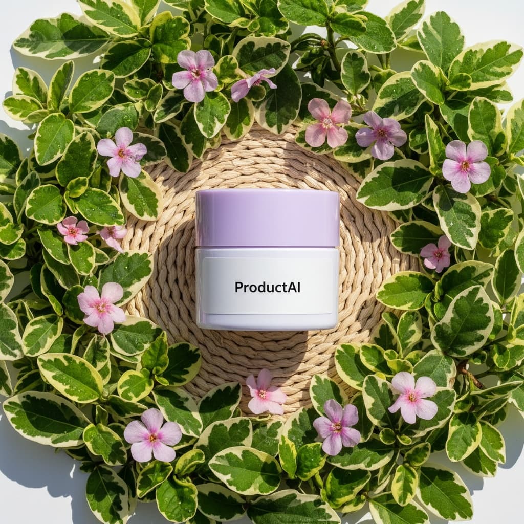 A top-down, flat-lay shot features a white jar of eye cream with a reflective, light-purple lid. It rests on a beige, circular coaster, surrounded by a lush bed of variegated green and cream leaves. The arrangement is interspersed with delicate pink and purple flowers, some dotted with tiny water droplets, all under bright, natural light. The jar's label says "ProductAI".