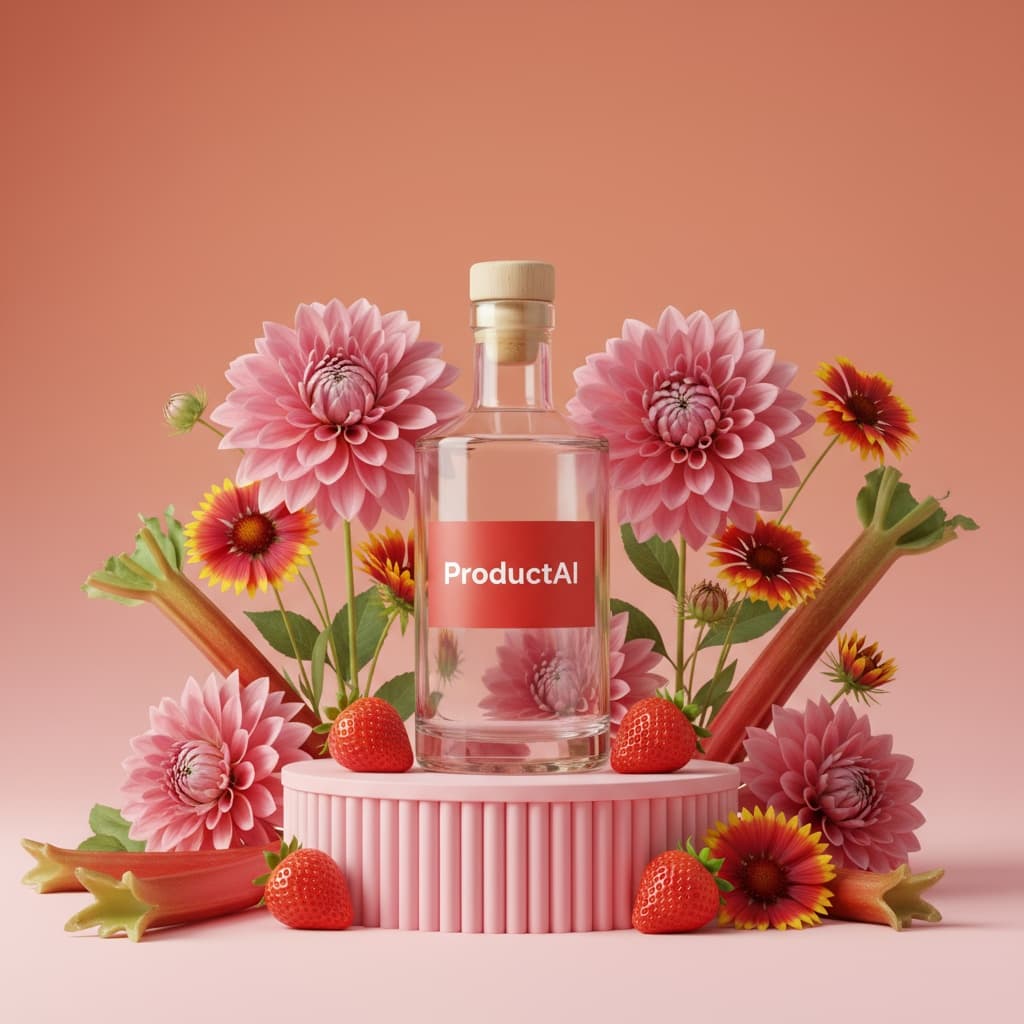A vibrant product photograph shows a bottle of gin set against a pink and orange gradient background. The clear, cork-topped bottle sits on a pink ribbed pedestal, surrounded by a lush arrangement of fresh flowers including pink dahlias and red-and-yellow gaillardia. Around the base are fresh strawberries and stalks of red rhubarb. The bottle has a red label that reads "ProductAI". The lighting is bright and warm, creating a cheerful, summery atmosphere. all objest are very realistic.