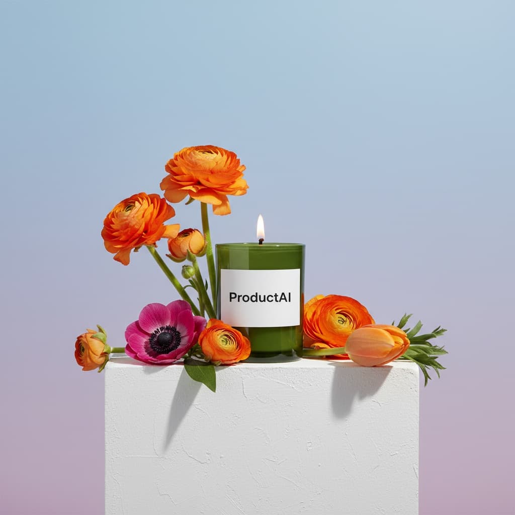 A lit candle in a green glass jar is centrally placed on a white, textured block against a soft blue-to-lavender gradient background. The candle has a single flame and a white "ProductAI" label. It is surrounded by several long-stemmed flowers in full bloom and bud, including vibrant orange ranunculus, a magenta anemone, and an orange tulip. The studio lighting is bright and even, creating a clean, high-contrast product photograph. The style is minimalist and elegant.