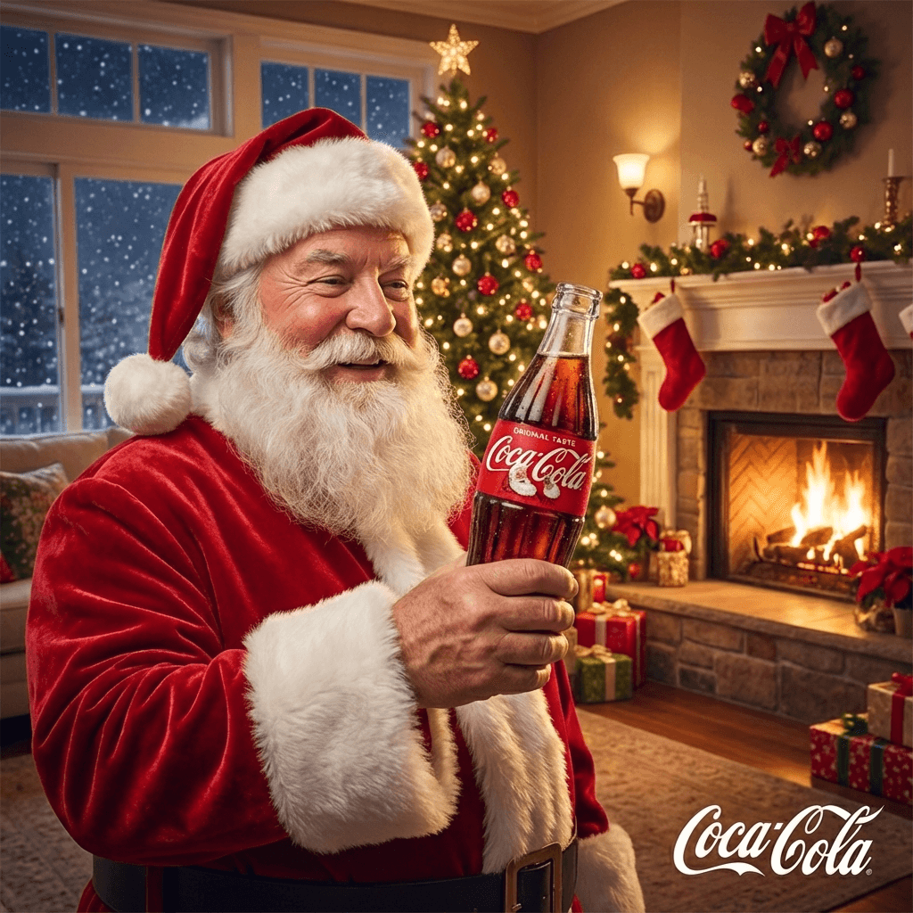 Make santa holding cocacola bottle for ad and Christmas background