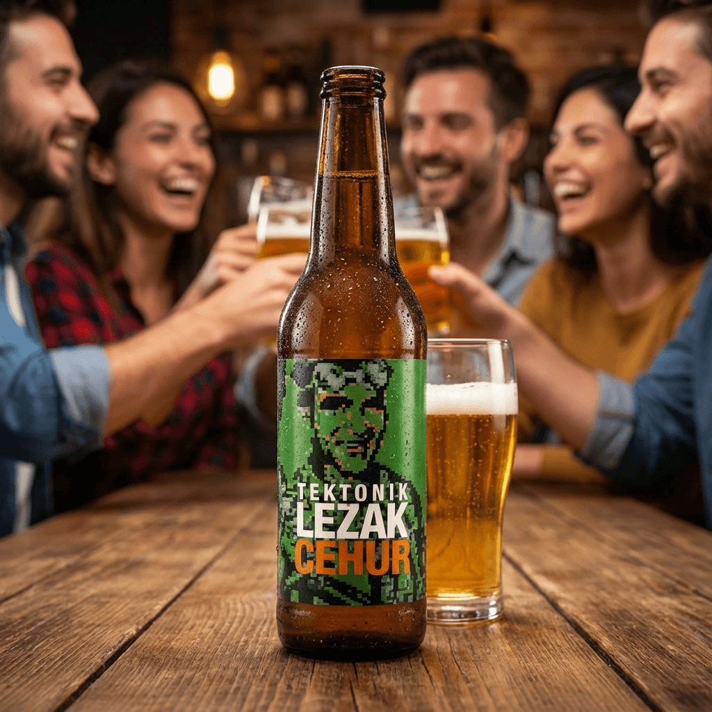 Product photo of this beer and make focus on the beer, behind are some friends having good time