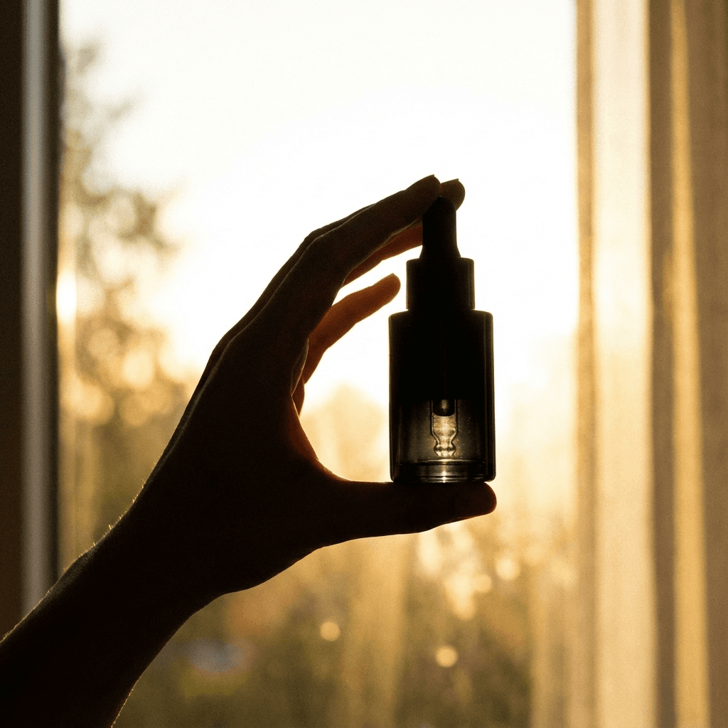 Silhouette of a hand holding a sleek black dropper bottle against a bright background, creating a minimalist and elegant aesthetic.