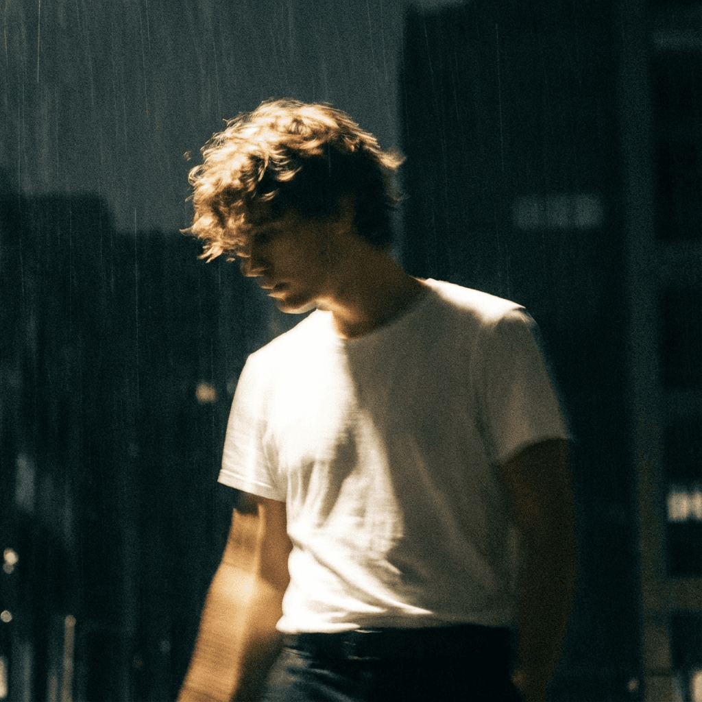 Moody portrait of a person in motion, with dramatic lighting highlighting their hair and white t-shirt against a dark background.