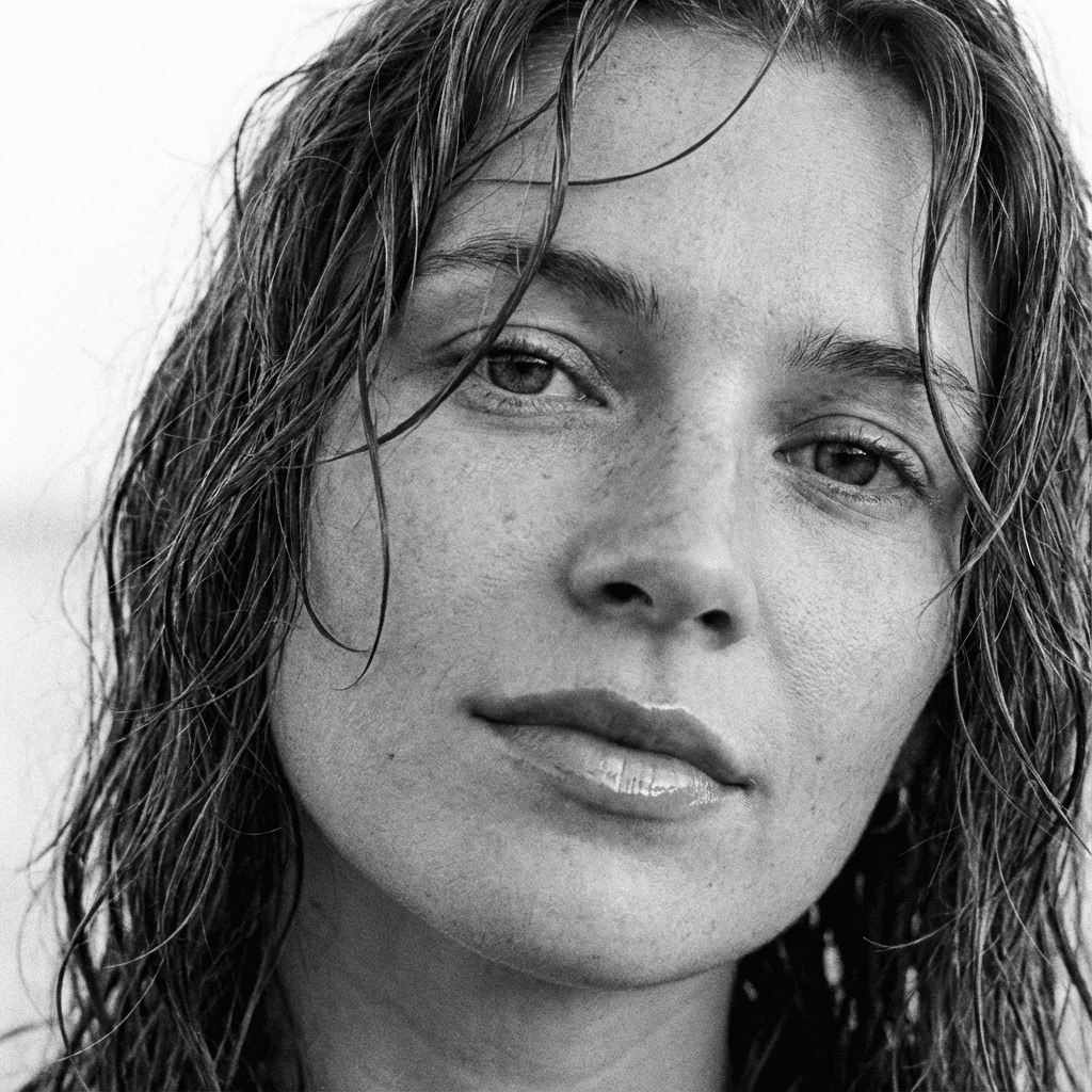 Black-and-white close-up of a person with wet hair, glossy lips, and natural features, exuding a raw and intimate vibe.