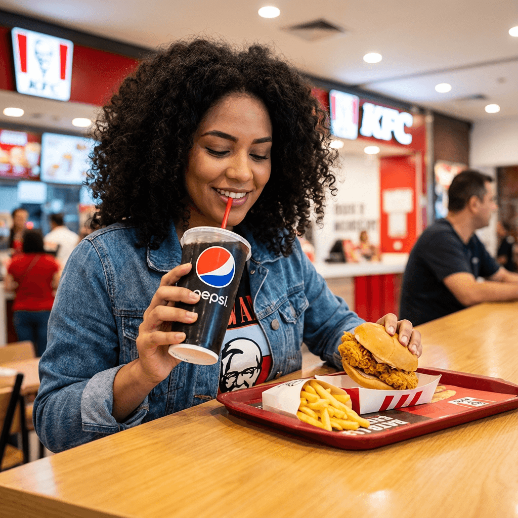 28-year-old Latina woman with voluminous curly hair, sitting confidently at a clean, well-lit KFC restaurant table, drinking from a large branded Pepsi cup with a straw in her right hand, while holding a crispy KFC chicken sandwich in her left hand, resting on the tray. She smiles slightly as she sips, dressed in modern-casual urban clothing. 3/4 angle, subtle fisheye lens effect. On the table: a tray with golden KFC fries. Background features soft red and white KFC branding with cinematic bokeh. High-contrast, photorealistic rendering with glossy textures and a commercial advertising aesthetic, cinematic lighting for depth and realism.