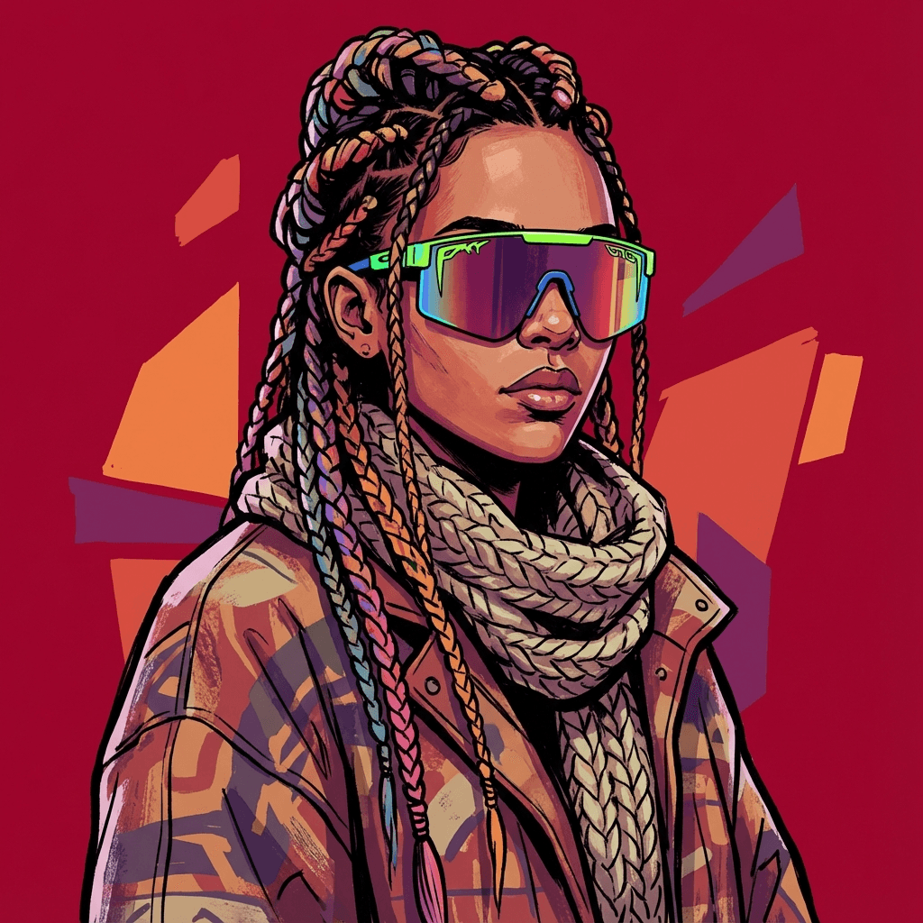 Stylized digital artwork of a fashion-forward individual with braided hair and vibrant oakley accessories against a striking red backdrop.