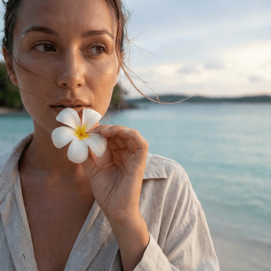 Close-up of a woman with glowing skin, holding a white flower near her lips against a serene beach background.