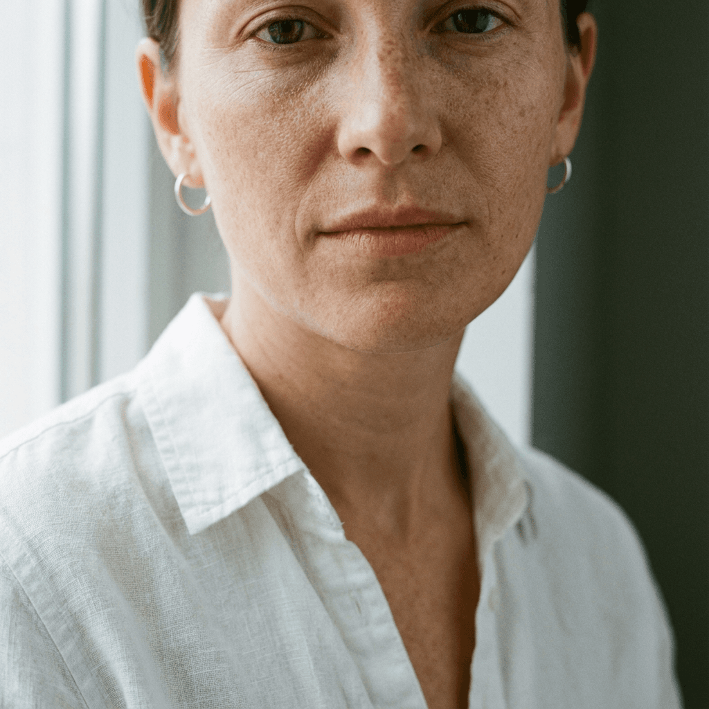 Close-up image of a person with intricate skin texture and subtle freckles, wearing a white outfit and minimalistic silver earrings.