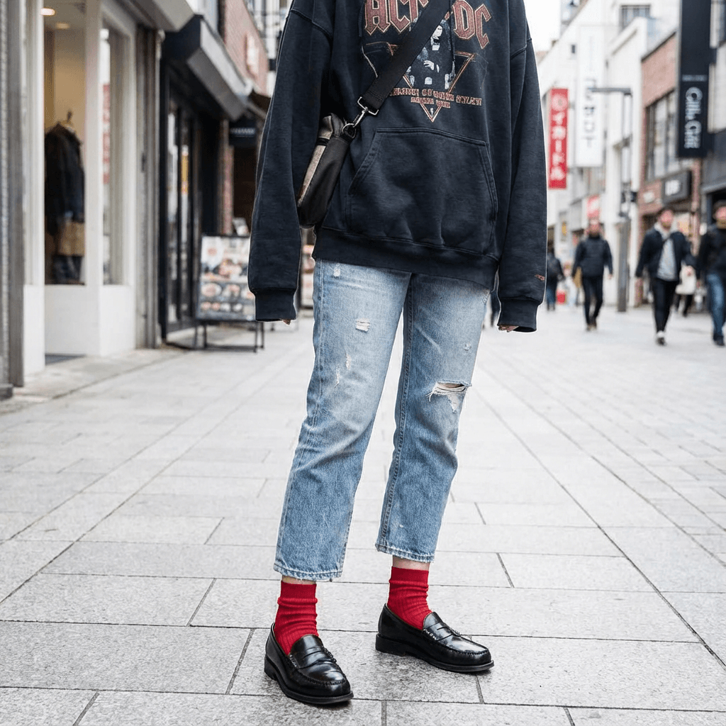 Stylish black loafers paired with vibrant red socks and cropped denim pants, creating a bold and trendy streetwear look.