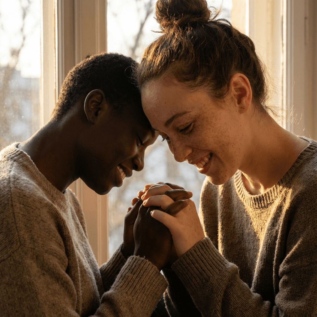 Close-up of two individuals with contrasting skin tones, highlighting their natural beauty and connection in soft, warm lighting.