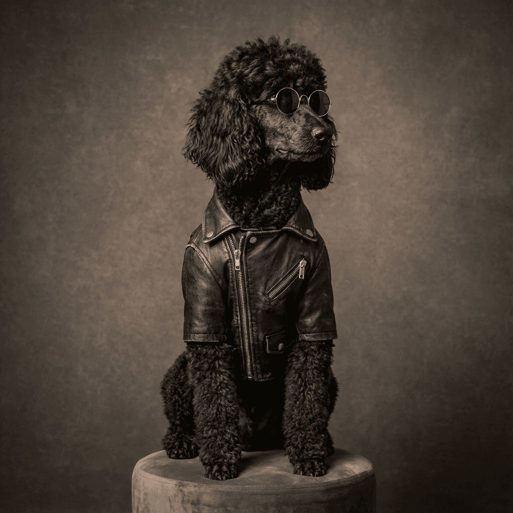 Stylish black poodle in a leather jacket against a dark gray background, blending fashion and humor