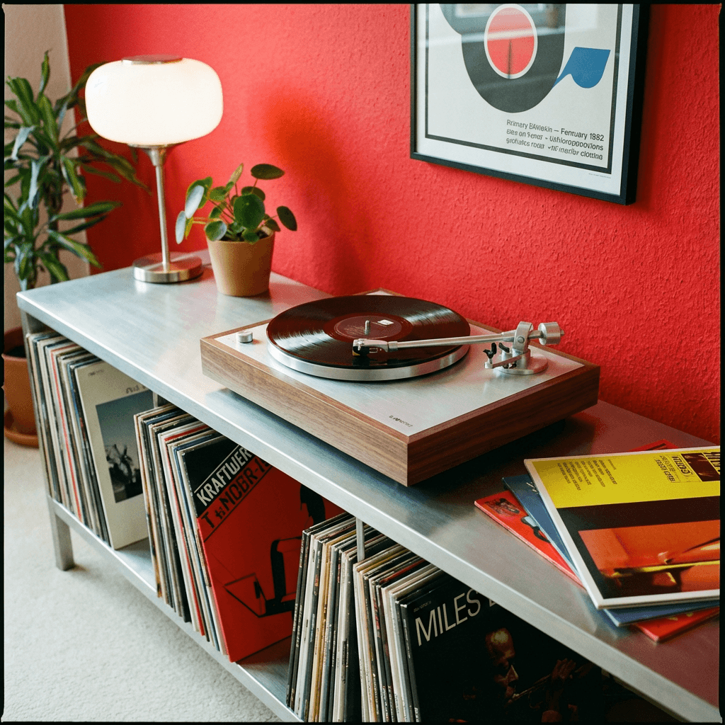 Modern turntable on a brushed steel console with vinyl records, set against a bold red background for a retro-modern vibe.
