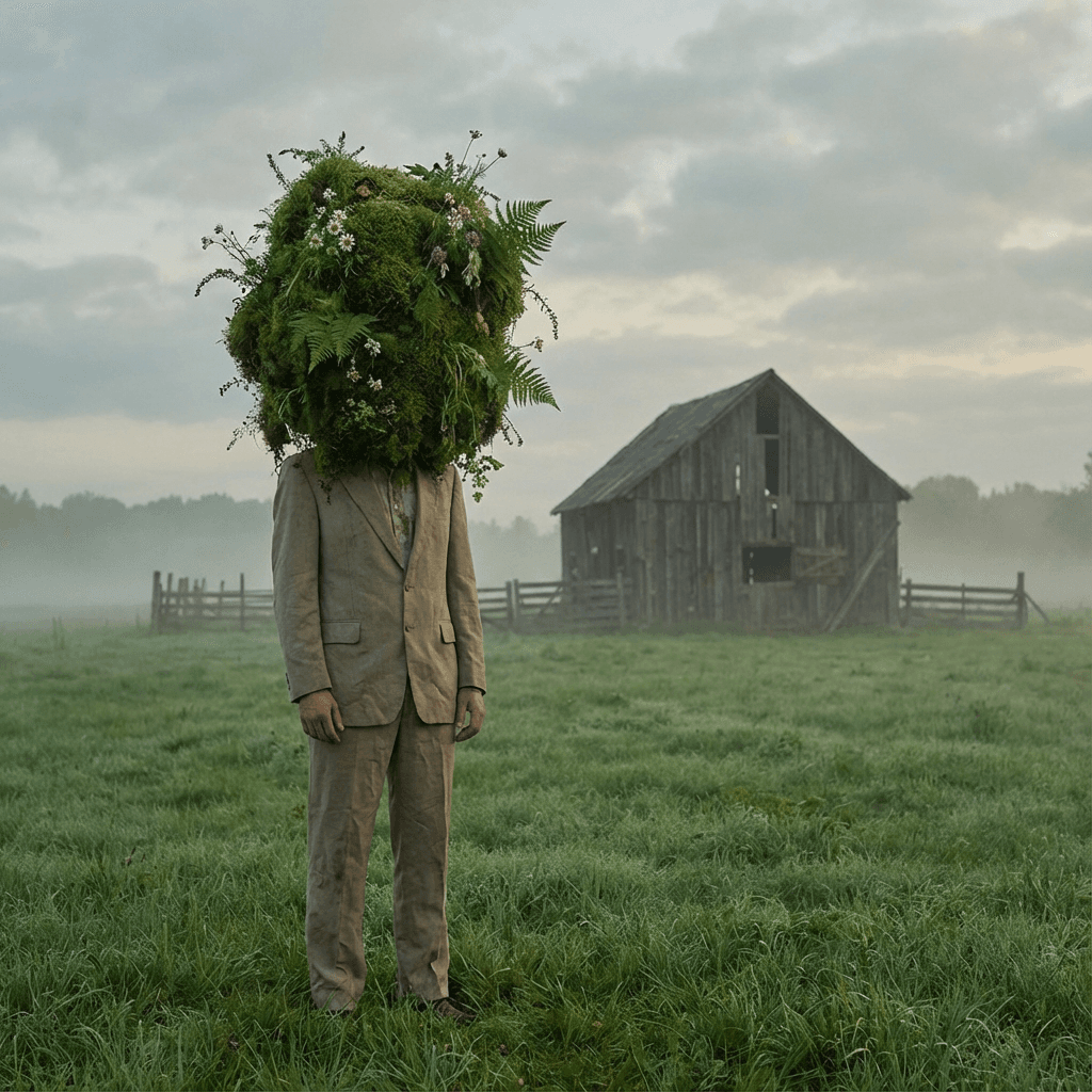 Surreal figure in a beige suit with a moss-covered head and flowers, set against a misty green field and wooden structure.