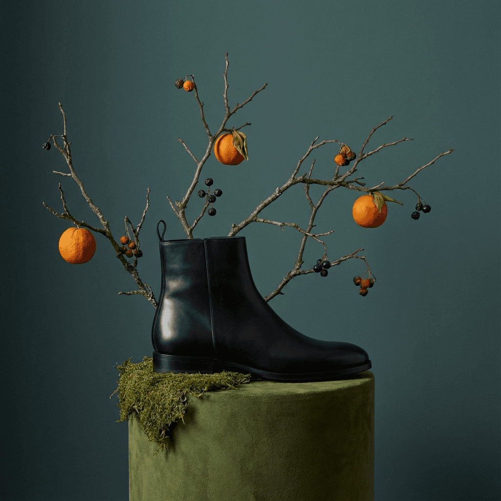Stylish black boot on a green pedestal with bare branches and fruits, set against a teal background for a modern, artistic look.