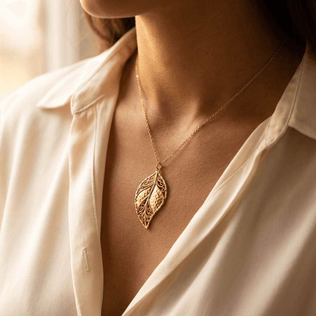 Elegant gold leaf pendant necklace on a woman's neck, highlighting intricate design and warm skin tones.