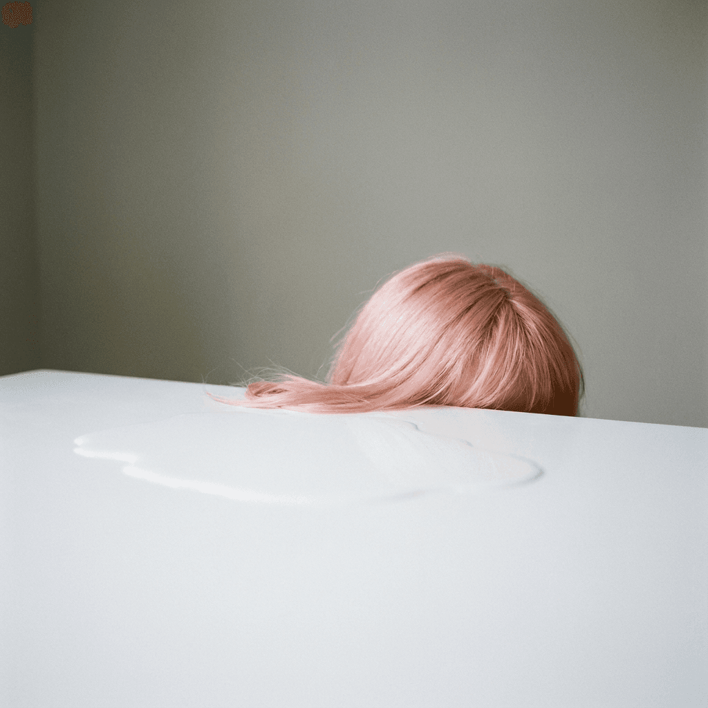 Minimalist scene with white liquid on a surface and soft pink hair peeking over the edge, set against a muted gray background.