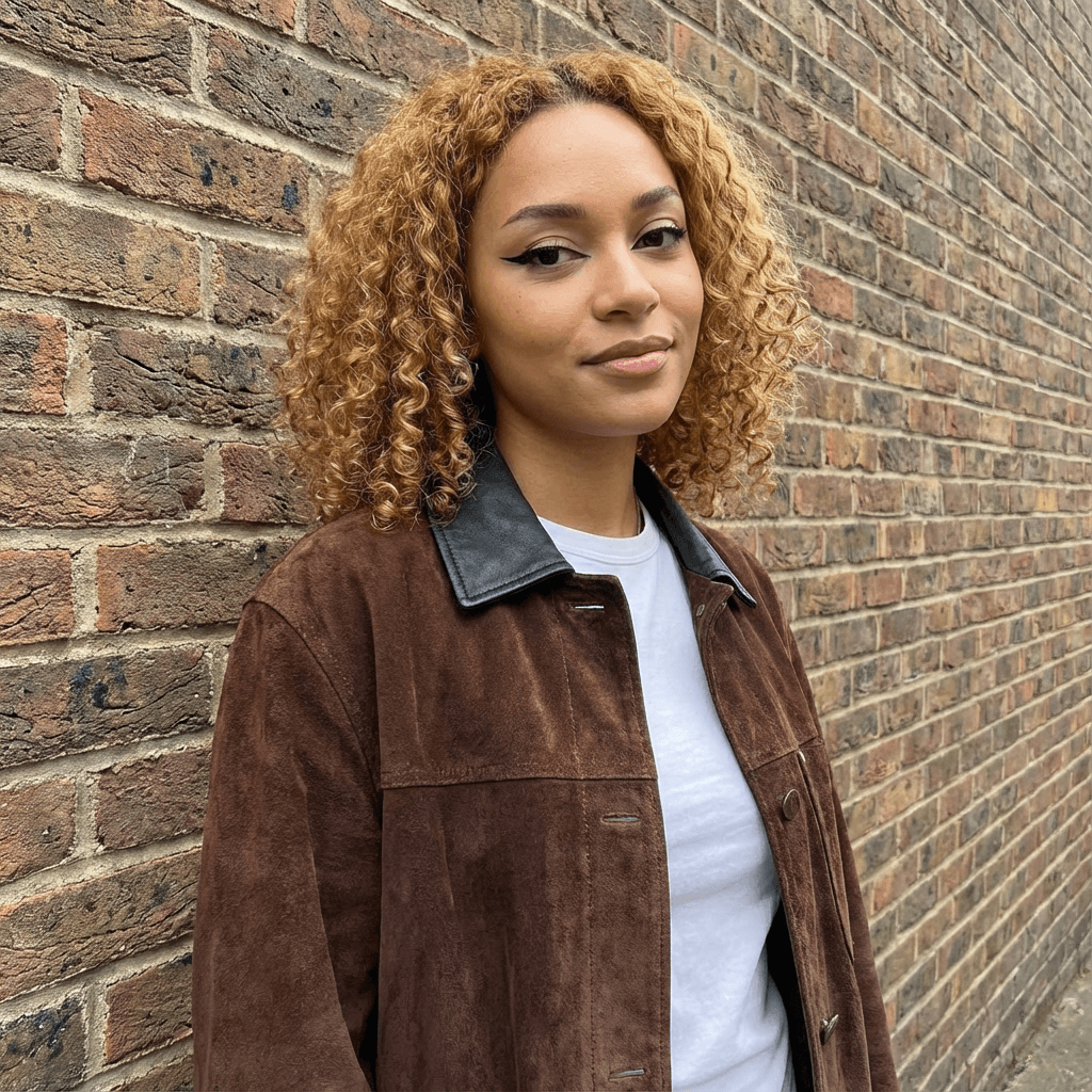 worn by 22-year-old woman with honey curls, sharp black liner