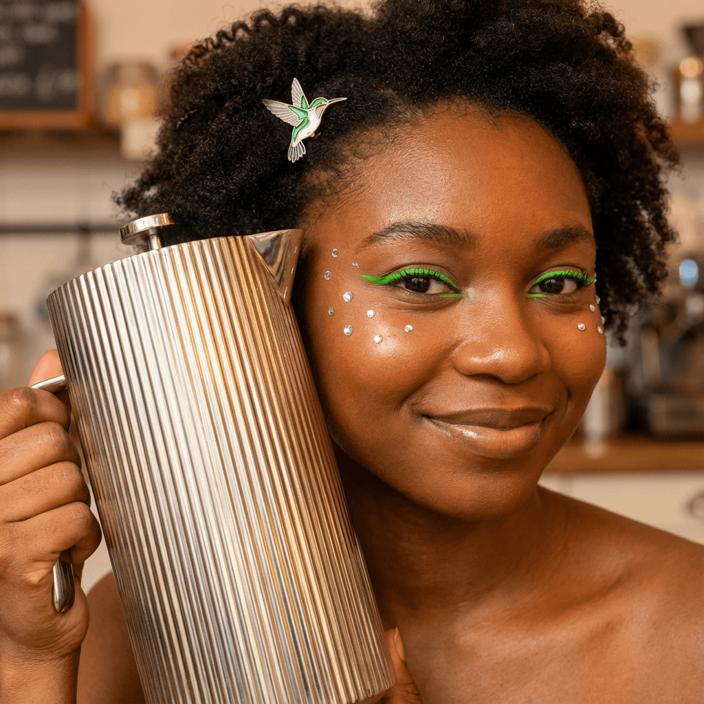 held next to face by 19-year-old Nigerian-Irish girl, glowing brown skin, electric green eyeliner, tiny mirrored gems on her cheeks, and a hummingbird pin in her hair
