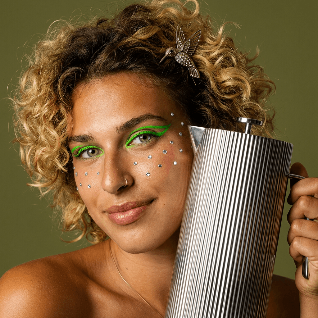 held next to face by woman, glowing brown skin, electric green eyeliner, tiny mirrored gems on her cheeks, and a hummingbird pin in her hair