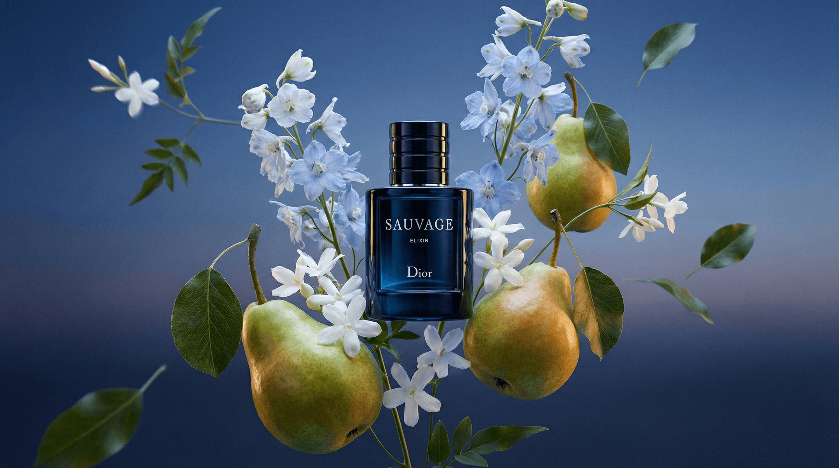 The image is a stylized, surreal product composition with a dreamlike, editorial feel.
A perfume bottle appears to float weightlessly in the center of the frame, suspended among blooming flowers and ripe pears. The elements are arranged symmetrically around the bottle, creating a sense of balance while still feeling organic and slightly otherworldly.
The background transitions from deep blue to lighter tones, resembling a twilight sky. Lighting is controlled and luminous, with soft highlights on the glass and petals, giving everything a fresh, almost ethereal glow. The florals—white blossoms and pale blue flowers—suggest fragrance notes and mood rather than literal environment.
The pears introduce a tactile, natural contrast and hint at sweetness and freshness. Leaves and stems add motion and depth, as if caught in a gentle breeze.
Overall, the image feels poetic, airy, and aspirational, blending product photography with still-life art to evoke scent, atmosphere, and imagination rather than physical reality.
