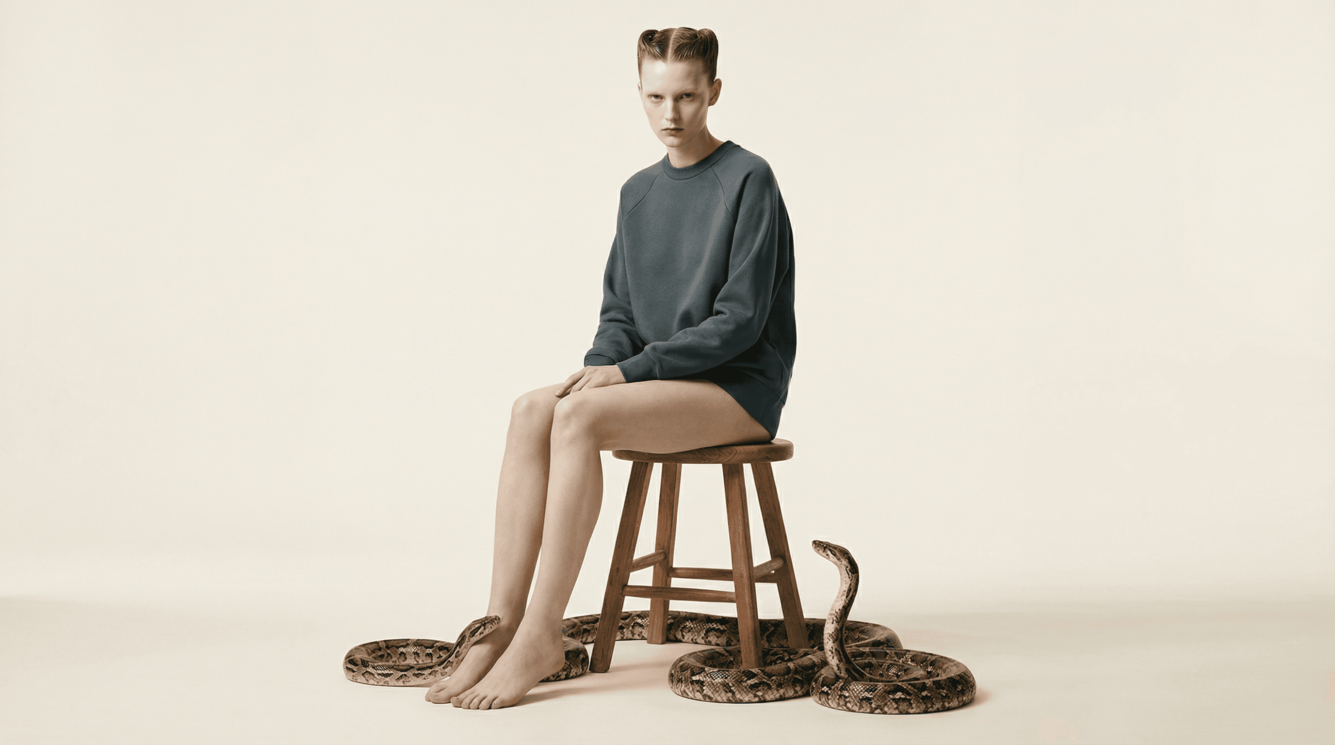 The image is a striking, conceptual fashion portrait with a strong editorial and surreal tone.
A model sits upright on a simple wooden stool, barefoot, wearing a long, glossy black coat that contrasts sharply with her pale skin and slicked-back, almost sculptural hair. Her posture is composed and still, and her expression is calm but intense, creating a sense of quiet tension.
Coiled snakes surround her feet and the base of the stool, with one raised slightly as if alert. Their presence introduces an element of danger and symbolism, contrasting vulnerability (bare feet, exposed skin) with control and poise. The snakes feel deliberate and choreographed rather than chaotic.
The background is a seamless, warm off-white, eliminating environmental context and pushing the image into an abstract, studio-controlled space. Lighting is soft but directional, revealing the texture of the leather coat, the wood of the stool, and the patterned scales of the snakes without dramatic shadows.
Overall, the image feels avant-garde, unsettling, and highly editorial, blending fashion with symbolism and tension. It prioritizes mood, concept, and visual impact over wearability or realism, evoking themes of power, restraint, and vulnerability.