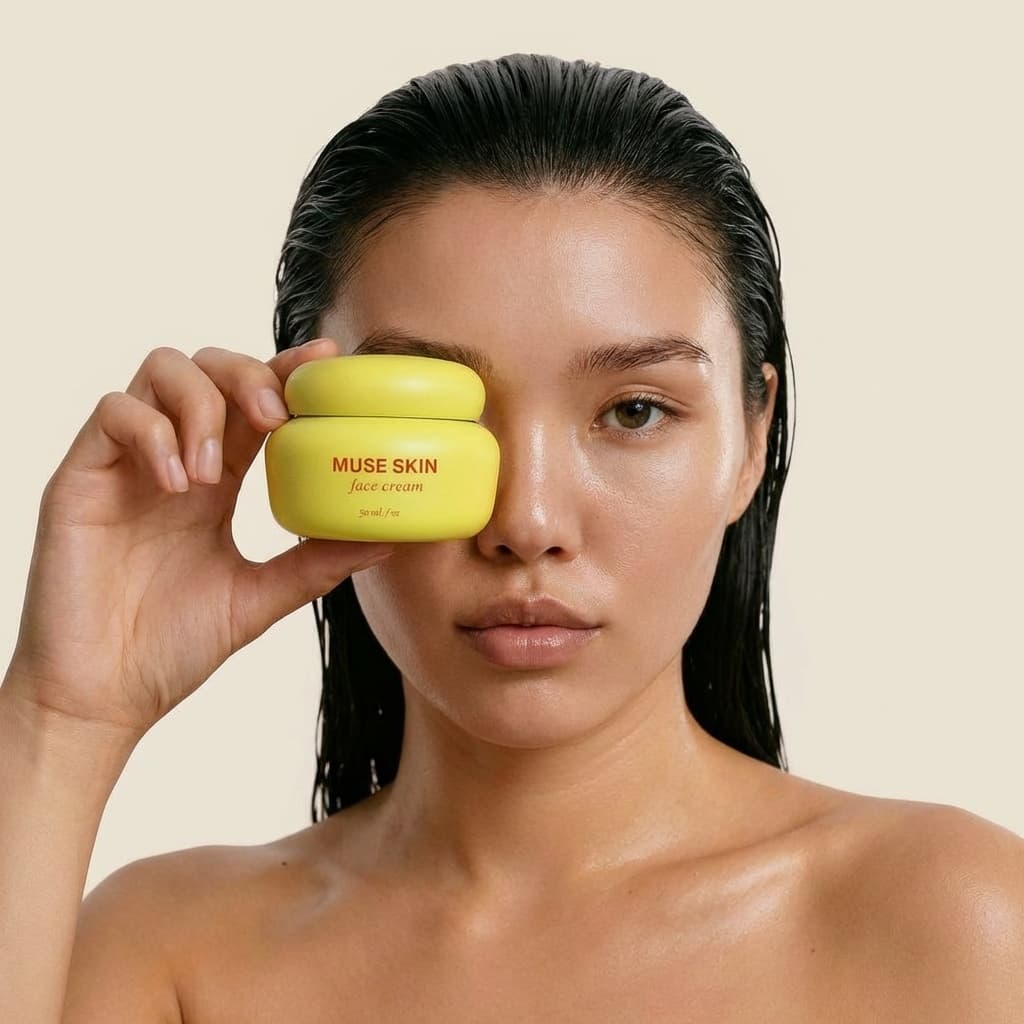 A clean, refined product photograph with a minimal editorial aesthetic. The composition features a premium beauty or skincare product as the clear focal point, shot against a seamless neutral background in soft gray, cream, or muted white tones. The product is centered and prominently displayed, either held by a model at eye level near the face, or arranged in a carefully styled flat lay. If a model is present, skin appears fresh and luminous with a subtle natural glow, hair is simply styled or slicked back, and the expression is calm and confident with a slight pout or neutral gaze. The model's hands hold the product with relaxed, natural placement. Lighting is soft, even, and flattering, using diffused sources to create gentle dimension without harsh shadows or hot spots. The mood feels like natural daylight rather than dramatic studio flash. Product details are sharp and legible: typography, material finish, cap design, brand name. If props or ingredients are included, they are minimal and intentionally placed to suggest the product's benefits or origins—fresh fruits, botanical elements, or complementary packaging—arranged with balance and restraint, never cluttered. Color palette is sophisticated: warm peachy tones, soft ambers, muted greens, gentle pastels, or bold accent colors that complement the product. Overall, the image feels minimal, aspirational, and sensory-rich. It communicates premium quality through clean composition, natural beauty, and restrained styling. The aesthetic sits between high-end editorial and accessible contemporary branding—sophisticated enough for luxury markets, approachable enough for modern consumers.