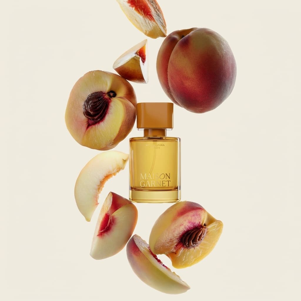 A floating perfume bottle centered in frame against a soft cream background, surrounded by suspended fresh peach slices in mid-air. The bottle has a warm amber caramel cap and golden-yellow glass body with MAISON GARNET typography. Whole peaches and halved peach slices float around the bottle showing rich red-orange flesh and golden yellow interior. No model present. Clean studio lighting with soft shadows. Dynamic yet refined composition suggesting fresh fruity fragrance notes.