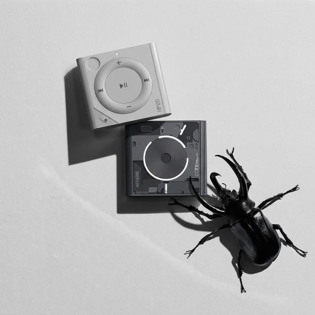 A monochromatic flat-lay photograph shot from directly above against a light gray background. Two square minimalist music player devices are positioned at an angle - one light gray with circular playback dial showing play pause controls, one darker charcoal gray with similar interface. Both feature industrial geometric design. To the lower right, a large glossy black stag beetle with prominent antler-like mandibles casts a strong diagonal shadow. The composition creates geometric tension between tech and nature. Soft diffused lighting emphasizes surface textures and shadows. Modern, conceptual, design-focused aesthetic.