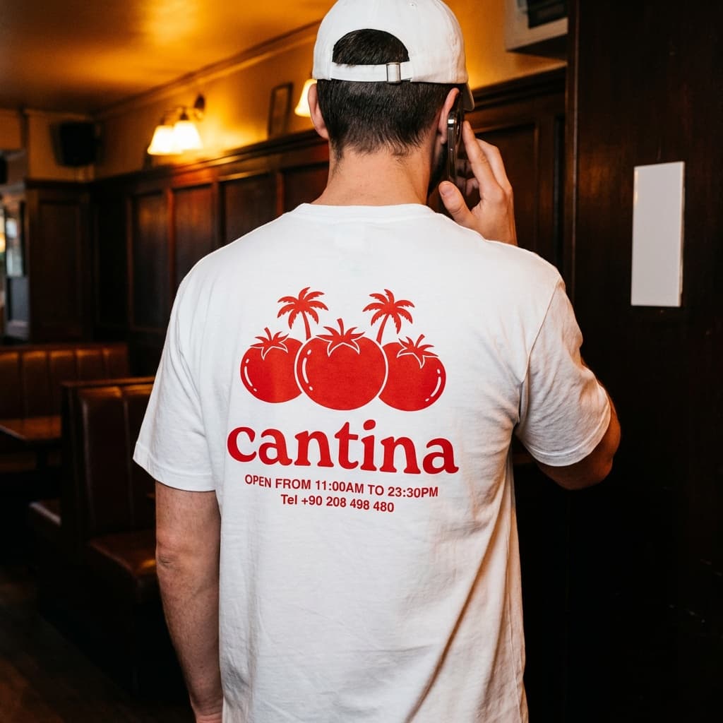 A person is photographed from behind, showing only their back from shoulders to mid-torso, captured in a candid moment inside what appears to be a restaurant or bar. They wear a white t-shirt with a bold red graphic print on the back featuring three stylized tomatoes with small palm tree illustrations above them, the word cantina in lowercase red letters, and business information below including OPEN FROM 11:00AM TO 23:30PM and a phone number. A white baseball cap sits on their head. The person holds a phone to their ear with one visible hand. The environment is dimly lit and warm-toned, with dark wood paneling or walls visible in the background and what appears to be seating or booth structures. A white rectangular tile or card is visible on the wall to the right. The lighting is low and atmospheric, creating a moody evening or indoor ambiance with warm sodium-toned overhead lights. The focus is on the shirt's back print, which is crisp and clearly legible. The composition is casual and documentary-style, as if capturing a real moment rather than a staged product shot. Overall, the image feels authentic, street-style, and connected to food culture - the shirt becomes part of a lived experience rather than isolated apparel.
New product: Product Type - Branded t-shirt. Key visual attributes: white cotton, red screen print on back, restaurant/cantina branding. Text on product: cantina, OPEN FROM 11:00AM TO 23:30PM, Tel +90 208 498 480. Dominant color: White with red graphics.