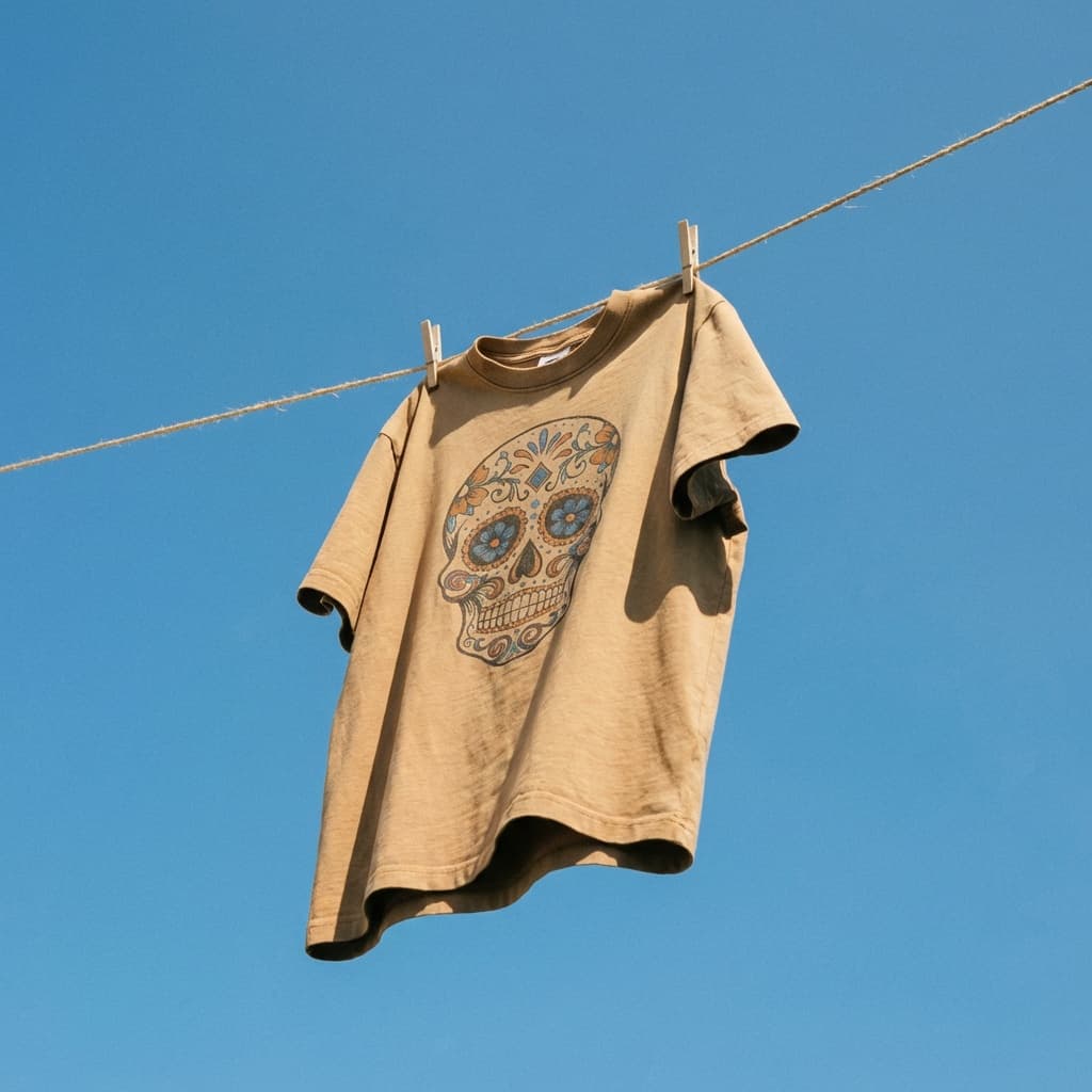 A tan or beige t-shirt hangs on a natural fiber rope clothesline against a clear, vibrant blue sky, secured by two wooden clothespins. The shirt features a graphic print showing a stylized skull illustration with decorative elements in blues, oranges, and earth tones. The fabric catches natural sunlight, creating warm highlights along the folds and sleeves. The clothesline runs diagonally across the frame from left to right. The sky is cloudless and saturated - a perfect cerulean blue that suggests midday summer sun. The perspective is shot from below looking slightly upward, emphasizing the open sky and giving the hanging shirt a sense of freedom and outdoor freshness. Natural sunlight comes from the upper left, creating distinct shadows and highlighting the fabric's texture and the t-shirt's relaxed drape. No model is present - this is environmental product photography that connects the garment to outdoor living and sunny days. The composition feels casual, optimistic, and effortlessly cool - evoking laundry days, beach houses, or laid-back summer living. Overall, the image has warmth, nostalgia, and a carefree energy - the apparel becomes part of a lifestyle moment rather than formal product presentation.
New product: Product Type - Graphic t-shirt. Key visual attributes: tan/beige cotton, skull decorative print, casual fit. Text on product: graphic illustration with decorative skull motif. Dominant color: Tan/beige.
