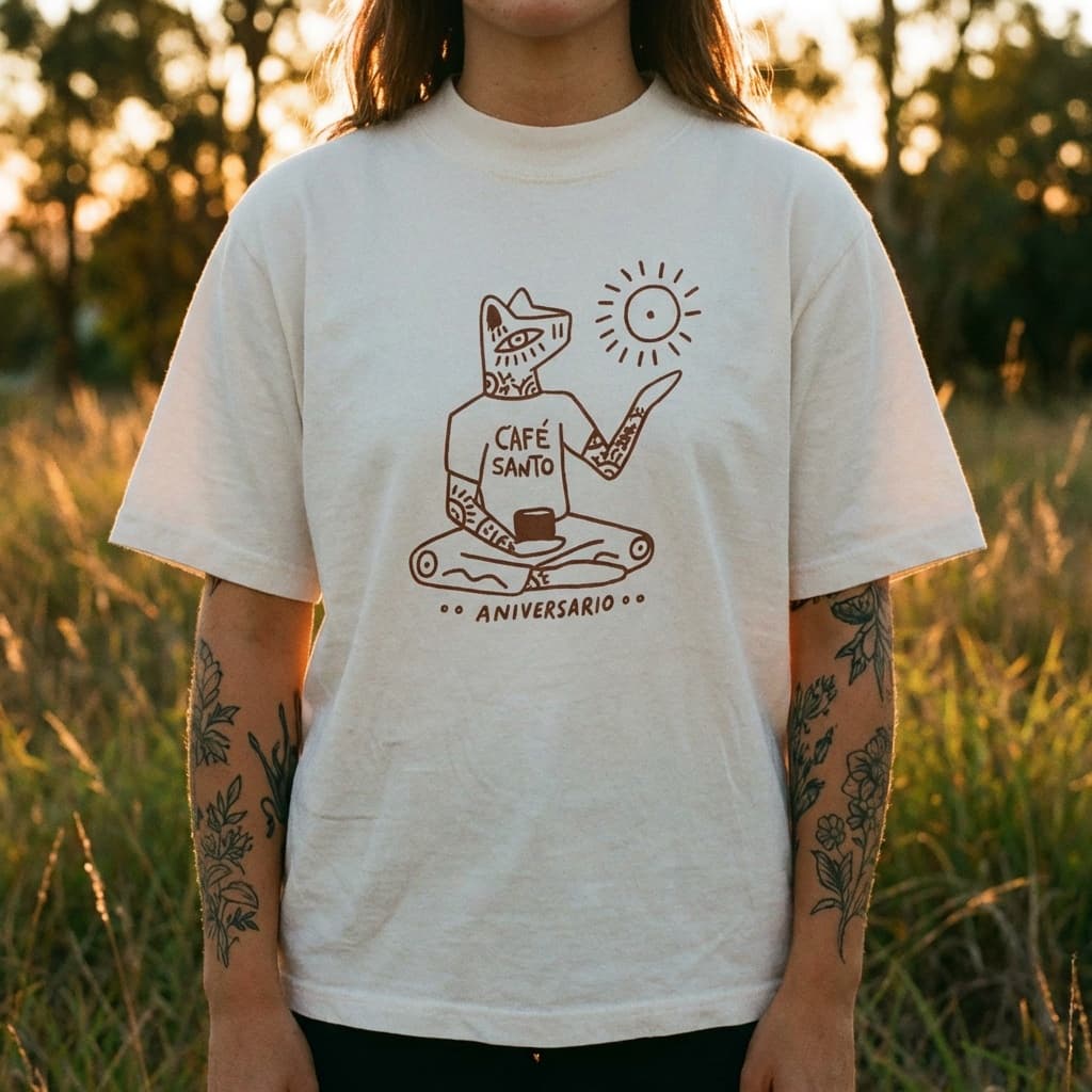 Two tattooed hands hold up a white t-shirt displaying it frontally against a soft outdoor background of blurred trees and golden-hour sky. The shirt hangs naturally between the hands, which grasp the shoulders from behind to show the front graphic. A brown line-art illustration is centered on the chest showing a whimsical character sitting cross-legged with a coffee cup labeled CAFÉ SANTO and a sun illustration above, with text reading ANIVERSARIO below. The hands show visible tattoos - botanical/floral designs on both forearms - and the person wears what appears to be a ring on one finger. The background is beautifully out of focus, showing tree silhouettes and warm peachy-golden light suggesting sunset or sunrise. The lighting is natural, warm, and glowing - creating a soft romantic atmosphere. The white fabric of the shirt catches the golden light, giving it a slightly warm tone. No face is visible - the focus remains on the shirt and the gesture of displaying it. The composition feels personal and intimate, like a friend showing you their favorite shirt outdoors during magic hour. Overall, the image has warmth, authenticity, and a relaxed artisanal vibe - connecting the café anniversary shirt to genuine community and outdoor gathering moments.
New product: Product Type - Graphic t-shirt. Key visual attributes: white cotton, brown line-art print, casual fit. Text on product: CAFÉ SANTO, ANIVERSARIO, illustrated character with coffee. Dominant color: White with brown graphics.