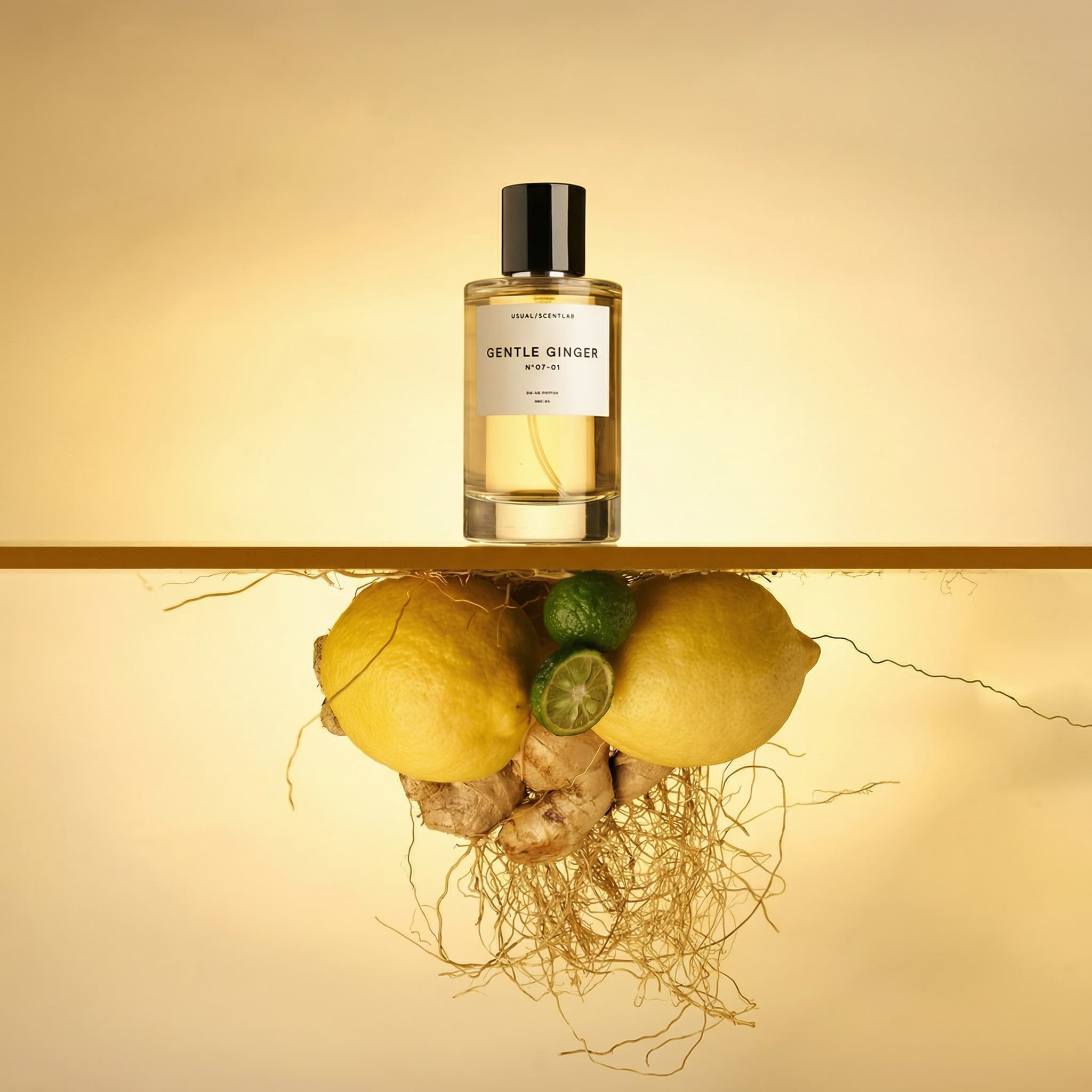 A cylindrical glass perfume bottle labeled GENTLE GINGER No07-01 by Usual Scent Lab sits atop a lush, tightly clustered arrangement of two whole bright yellow lemons, a halved green lime, and a knobby piece of fresh ginger root, all balanced on a narrow golden-tan horizontal shelf or ledge that bisects the frame. Below the shelf, ginger roots and their wild, tangled fibrous tendrils dangle downward into open space, creating a striking visual of raw botanical ingredients suspended as if unearthed mid-pull, reflected subtly on the warm-toned surface. The entire scene is bathed in a rich, monochromatic golden-yellow palette — from the warm honey-toned background to the amber liquid visible through the clear glass bottle with its glossy black cap and clean white label. The lighting is soft, warm, and enveloping, emanating diffusely to eliminate harsh shadows, creating a sun-drenched, citrus-soaked atmosphere that feels vibrant, zesty, and deeply aromatic.