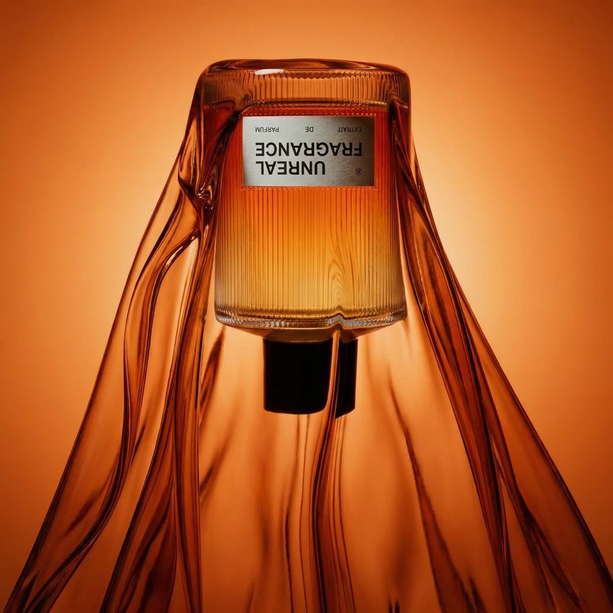 An inverted ribbed glass perfume bottle dramatically enveloped in flowing translucent amber-orange sculptural fabric or resin-like material that drapes and cascades downward. Monochromatic warm orange and gold palette throughout. Surreal, high-end luxury fragrance advertising photography with dramatic studio lighting creating rich shadows and depth.