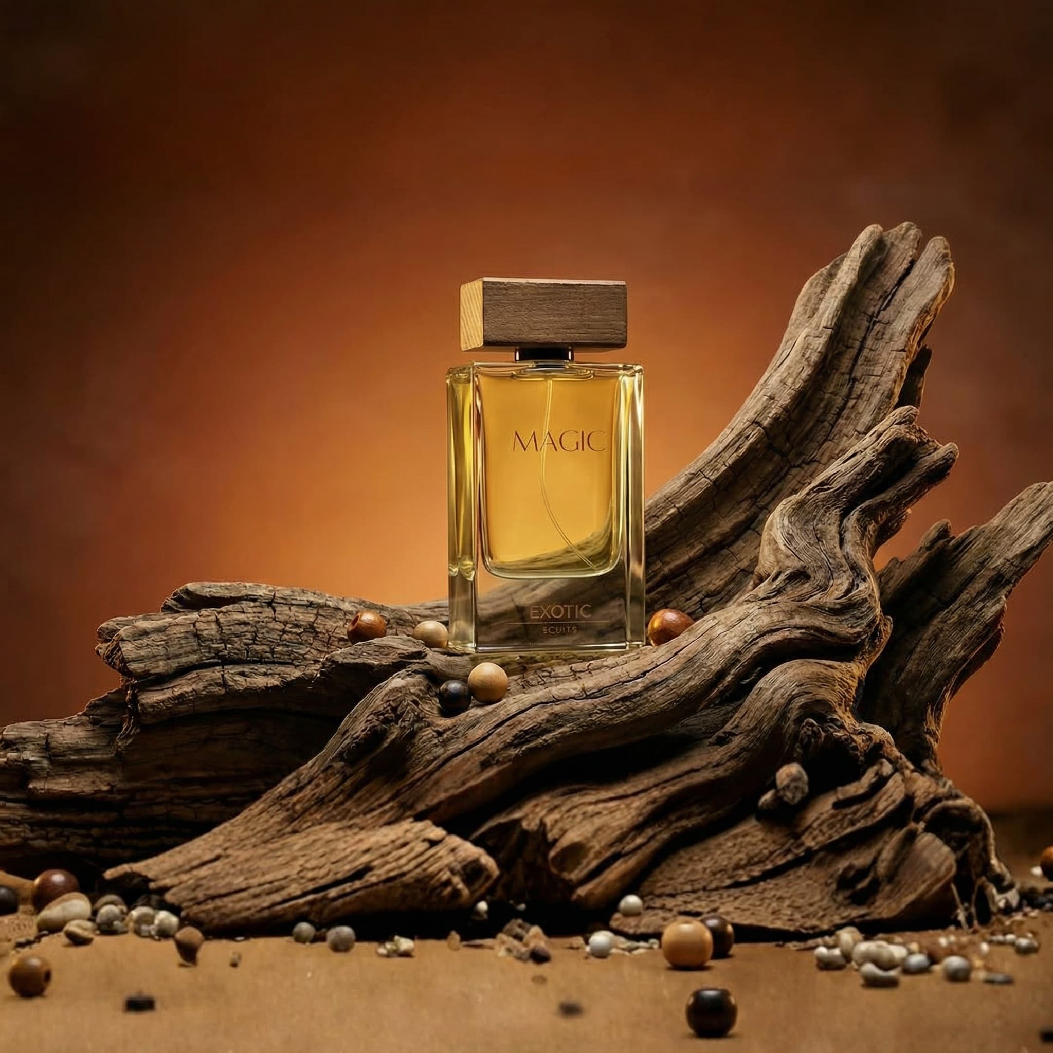 A rectangular golden-amber perfume bottle with a wooden cap resting on weathered driftwood, surrounded by small natural pebbles and wooden beads scattered across the surface. Warm earthy brown gradient background. Masculine, warm, natural product photography evoking oud, wood, and exotic ingredients. Soft directional studio lighting with warm atmospheric shadows.
