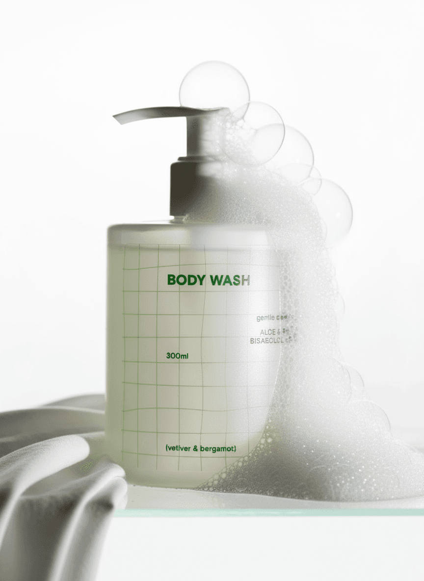 The product sits on a clear glass or acrylic shelf with a soft white cloth draped at the base, white foam and lather cascade down the right side of the bottle, perfectly formed large soap bubbles balanced on top near the cap, bright high-key white seamless background nearly blown out, soft diffused lighting from above and front with even illumination, clean minimalist aesthetic, no shadows, fresh and pure, clean beauty brand aesthetic, modern skincare photography